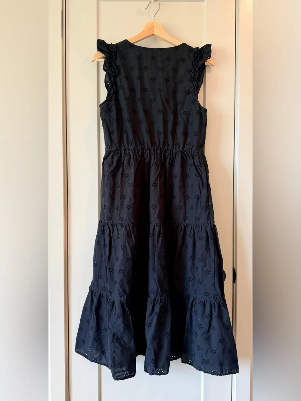 J. Crew Black Eyelet Midi Dress 100% Cotton Ruffle Sleeve Tiered Dress w/Pockets